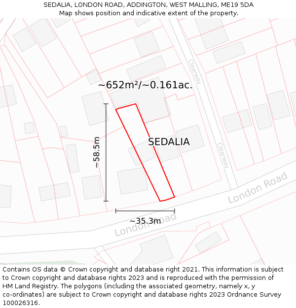 SEDALIA, LONDON ROAD, ADDINGTON, WEST MALLING, ME19 5DA: Plot and title map
