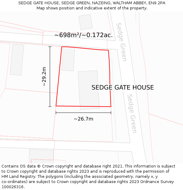 SEDGE GATE HOUSE, SEDGE GREEN, NAZEING, WALTHAM ABBEY, EN9 2PA: Plot and title map