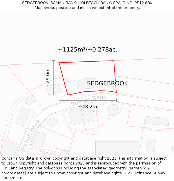 SEDGEBROOK, ROMAN BANK, HOLBEACH BANK, SPALDING, PE12 8BX: Plot and title map