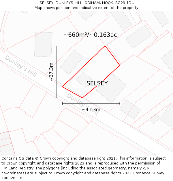 SELSEY, DUNLEYS HILL, ODIHAM, HOOK, RG29 1DU: Plot and title map