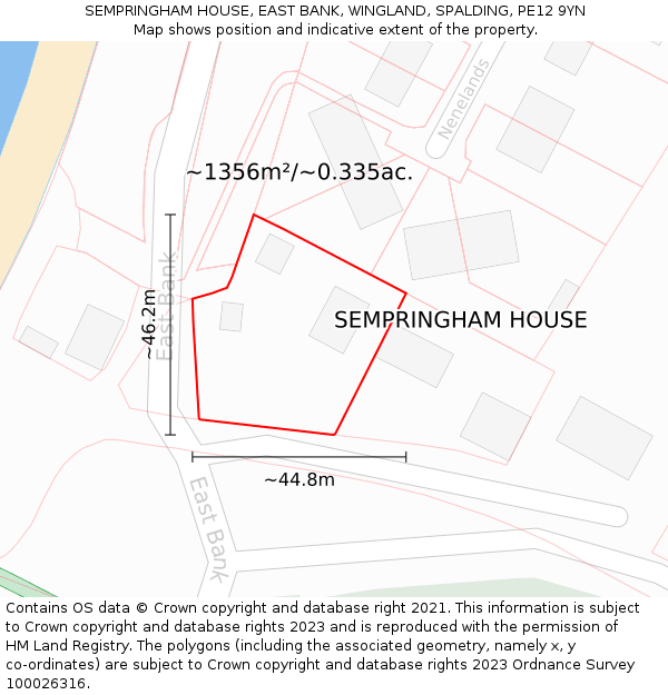 SEMPRINGHAM HOUSE, EAST BANK, WINGLAND, SPALDING, PE12 9YN: Plot and title map