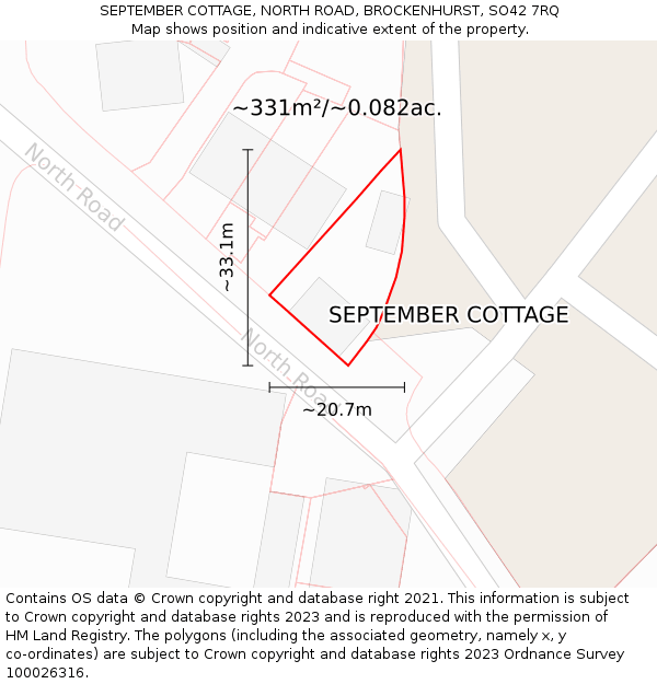 SEPTEMBER COTTAGE, NORTH ROAD, BROCKENHURST, SO42 7RQ: Plot and title map