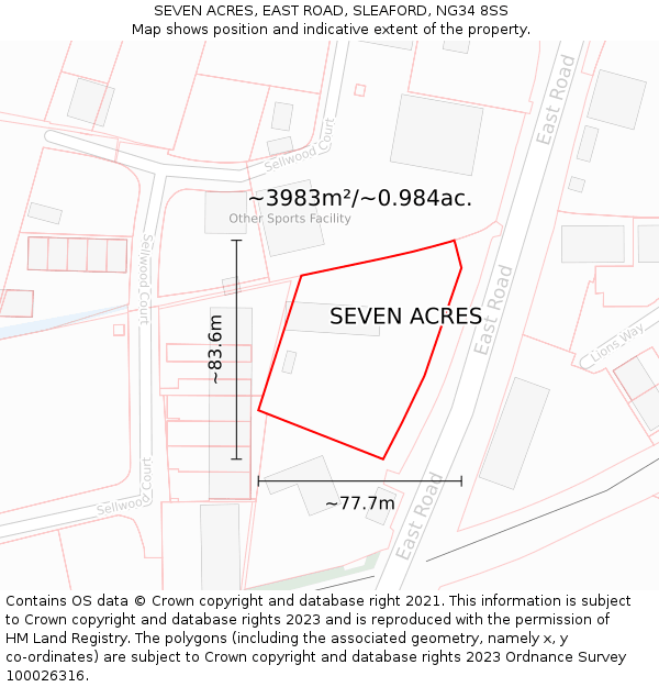 SEVEN ACRES, EAST ROAD, SLEAFORD, NG34 8SS: Plot and title map