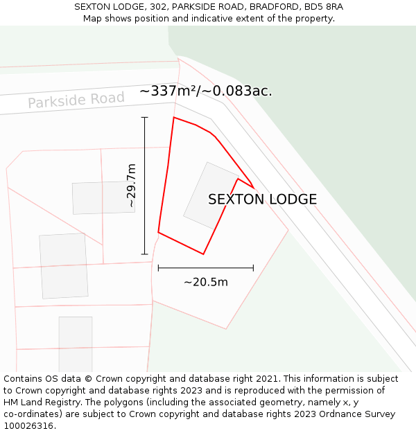 SEXTON LODGE, 302, PARKSIDE ROAD, BRADFORD, BD5 8RA: Plot and title map