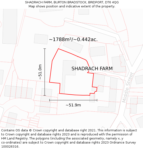 SHADRACH FARM, BURTON BRADSTOCK, BRIDPORT, DT6 4QG: Plot and title map