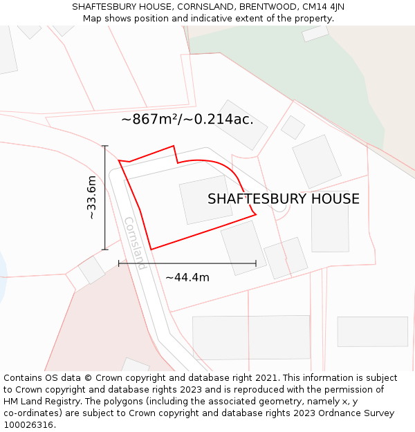 SHAFTESBURY HOUSE, CORNSLAND, BRENTWOOD, CM14 4JN: Plot and title map