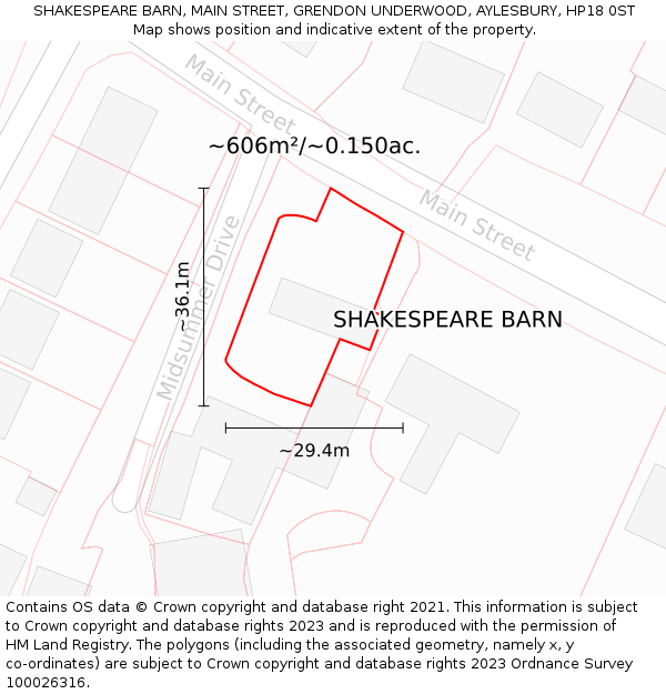 SHAKESPEARE BARN, MAIN STREET, GRENDON UNDERWOOD, AYLESBURY, HP18 0ST: Plot and title map
