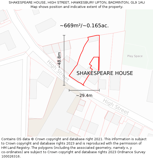 SHAKESPEARE HOUSE, HIGH STREET, HAWKESBURY UPTON, BADMINTON, GL9 1AU: Plot and title map