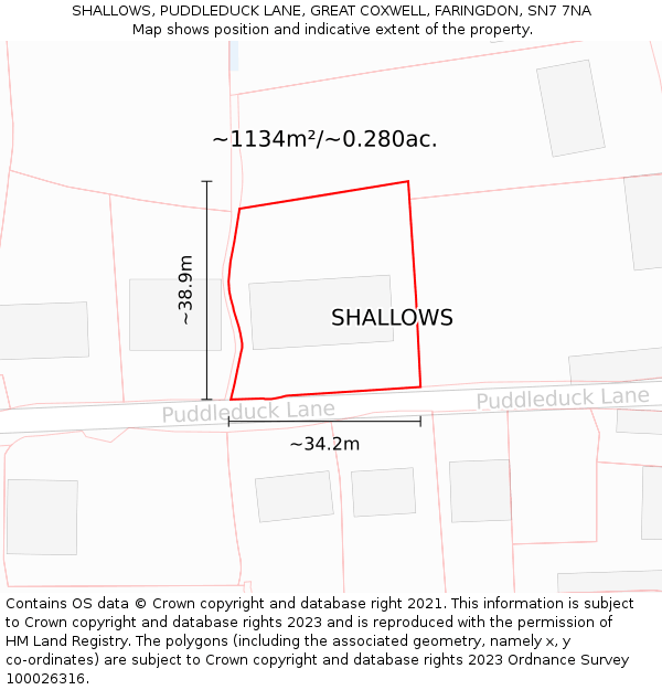 SHALLOWS, PUDDLEDUCK LANE, GREAT COXWELL, FARINGDON, SN7 7NA: Plot and title map