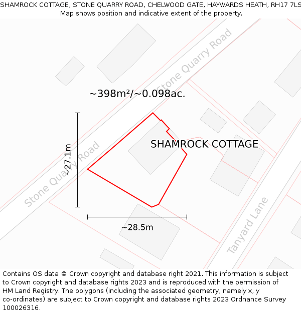 SHAMROCK COTTAGE, STONE QUARRY ROAD, CHELWOOD GATE, HAYWARDS HEATH, RH17 7LS: Plot and title map