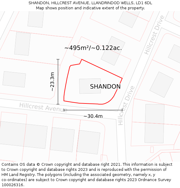 SHANDON, HILLCREST AVENUE, LLANDRINDOD WELLS, LD1 6DL: Plot and title map