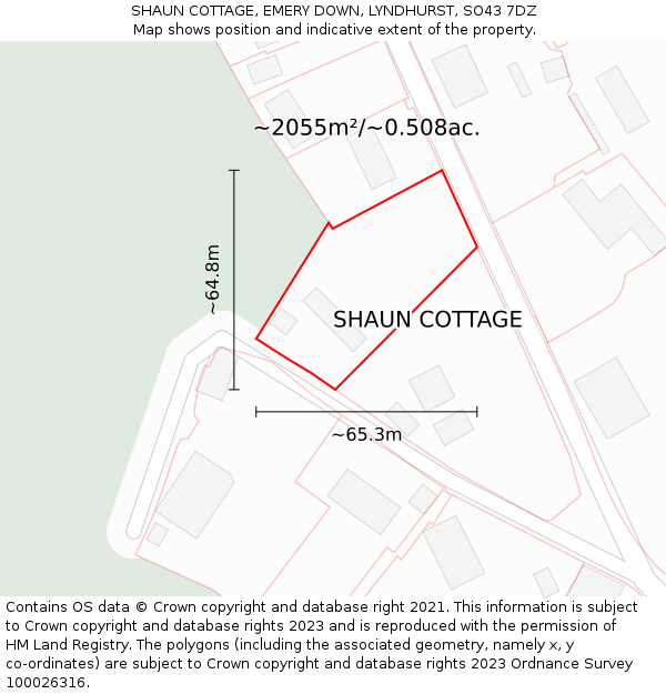 SHAUN COTTAGE, EMERY DOWN, LYNDHURST, SO43 7DZ: Plot and title map