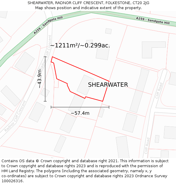 SHEARWATER, RADNOR CLIFF CRESCENT, FOLKESTONE, CT20 2JG: Plot and title map