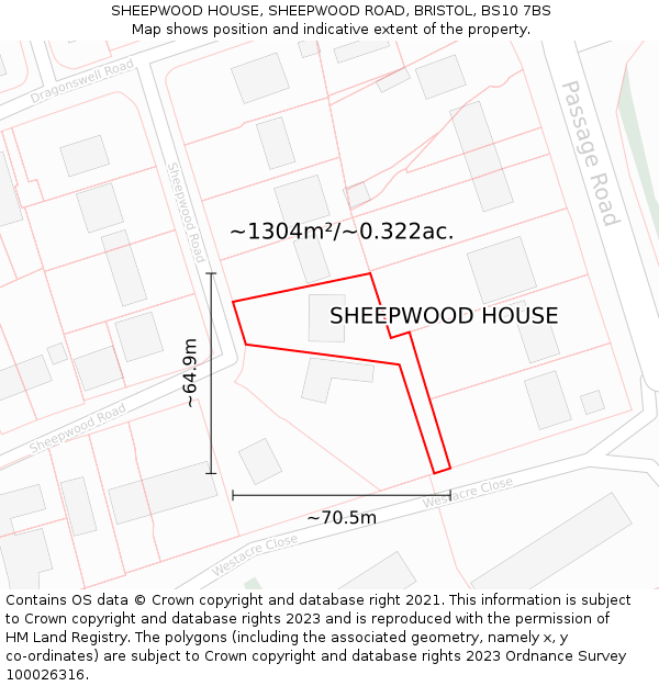 SHEEPWOOD HOUSE, SHEEPWOOD ROAD, BRISTOL, BS10 7BS: Plot and title map