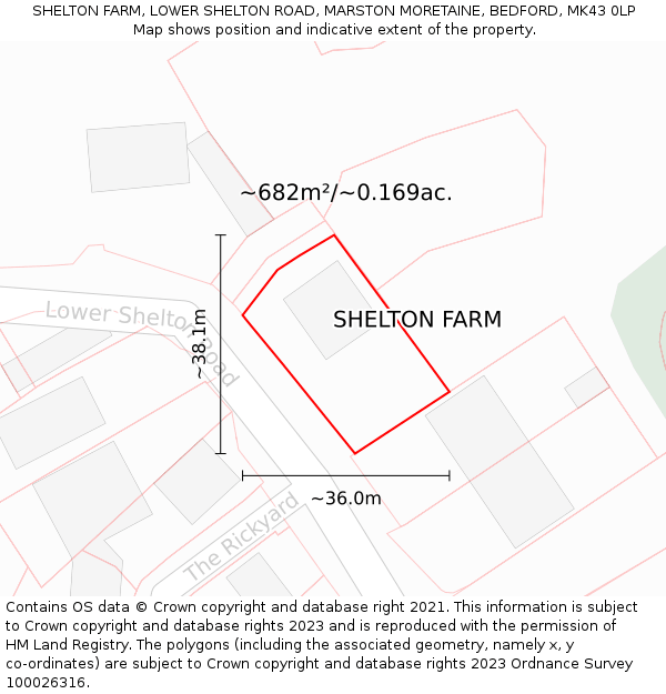 SHELTON FARM, LOWER SHELTON ROAD, MARSTON MORETAINE, BEDFORD, MK43 0LP: Plot and title map