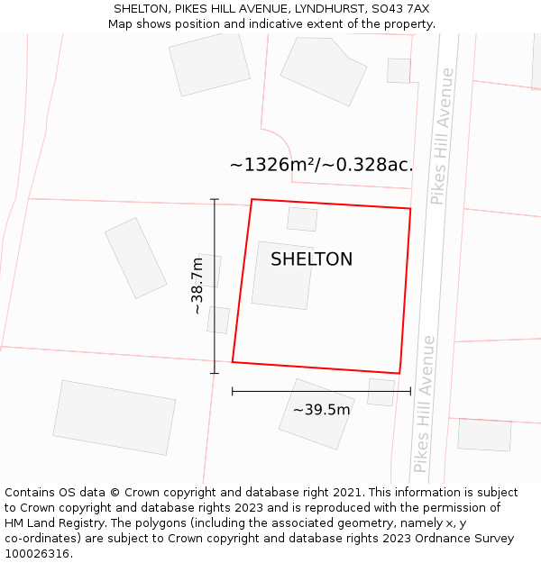 SHELTON, PIKES HILL AVENUE, LYNDHURST, SO43 7AX: Plot and title map