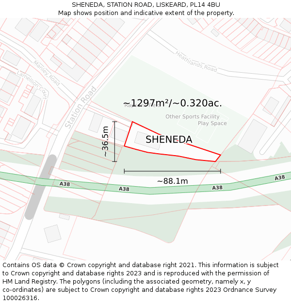 SHENEDA, STATION ROAD, LISKEARD, PL14 4BU: Plot and title map