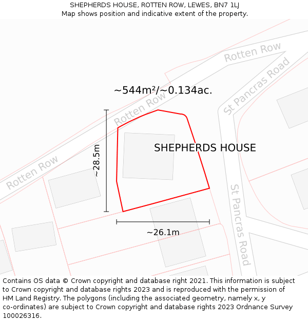 SHEPHERDS HOUSE, ROTTEN ROW, LEWES, BN7 1LJ: Plot and title map