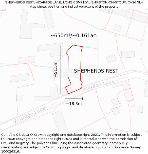 SHEPHERDS REST, VICARAGE LANE, LONG COMPTON, SHIPSTON-ON-STOUR, CV36 5LH: Plot and title map