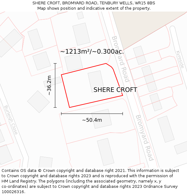 SHERE CROFT, BROMYARD ROAD, TENBURY WELLS, WR15 8BS: Plot and title map