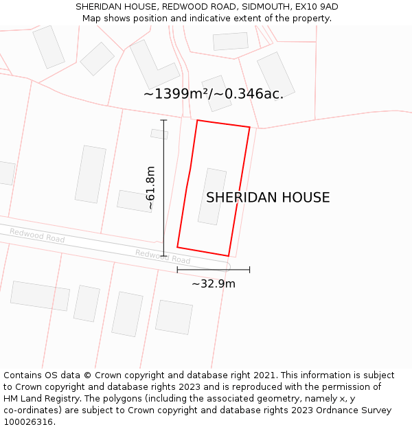 SHERIDAN HOUSE, REDWOOD ROAD, SIDMOUTH, EX10 9AD: Plot and title map