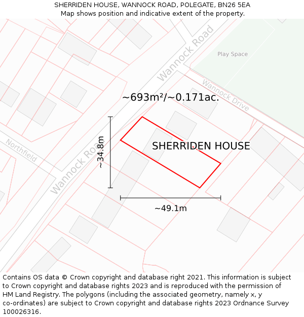 SHERRIDEN HOUSE, WANNOCK ROAD, POLEGATE, BN26 5EA: Plot and title map