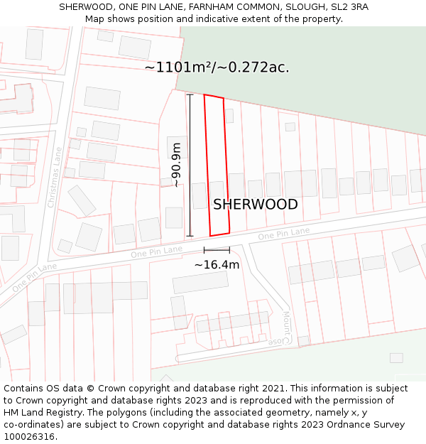 SHERWOOD, ONE PIN LANE, FARNHAM COMMON, SLOUGH, SL2 3RA: Plot and title map