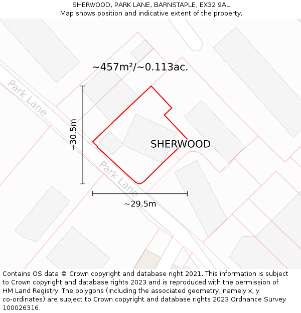 SHERWOOD, PARK LANE, BARNSTAPLE, EX32 9AL: Plot and title map