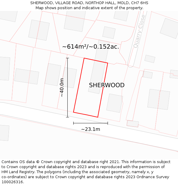 SHERWOOD, VILLAGE ROAD, NORTHOP HALL, MOLD, CH7 6HS: Plot and title map