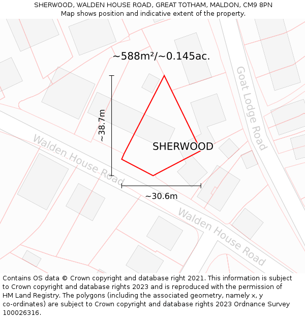 SHERWOOD, WALDEN HOUSE ROAD, GREAT TOTHAM, MALDON, CM9 8PN: Plot and title map