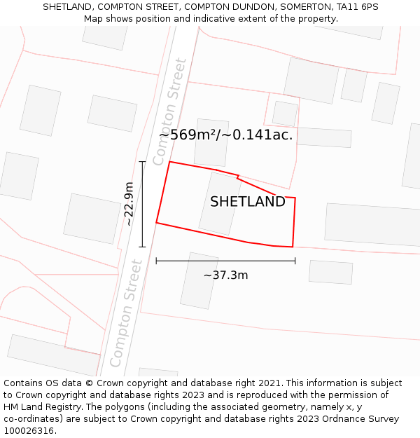 SHETLAND, COMPTON STREET, COMPTON DUNDON, SOMERTON, TA11 6PS: Plot and title map