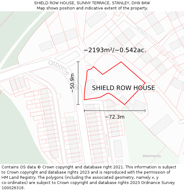 SHIELD ROW HOUSE, SUNNY TERRACE, STANLEY, DH9 8AW: Plot and title map