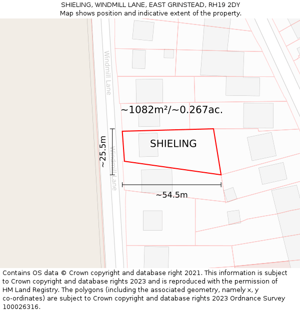 SHIELING, WINDMILL LANE, EAST GRINSTEAD, RH19 2DY: Plot and title map