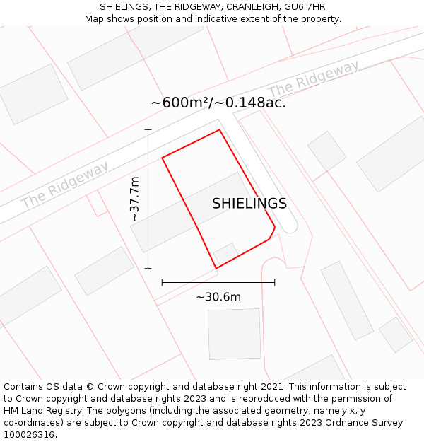 SHIELINGS, THE RIDGEWAY, CRANLEIGH, GU6 7HR: Plot and title map