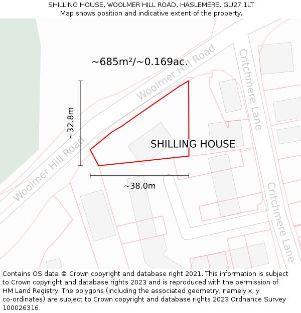 SHILLING HOUSE, WOOLMER HILL ROAD, HASLEMERE, GU27 1LT: Plot and title map