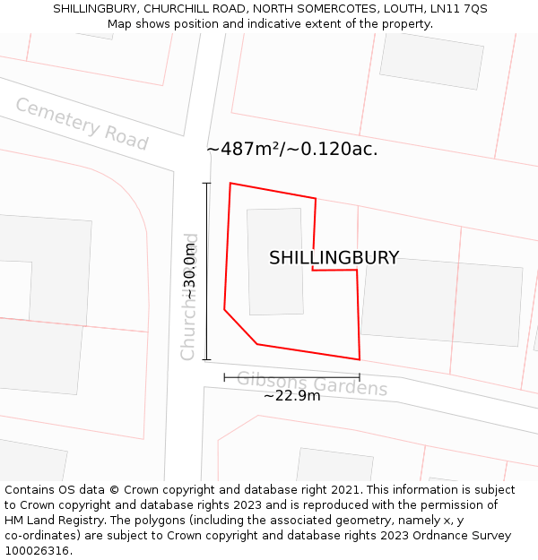 SHILLINGBURY, CHURCHILL ROAD, NORTH SOMERCOTES, LOUTH, LN11 7QS: Plot and title map