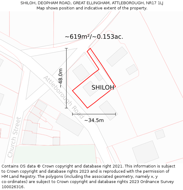 SHILOH, DEOPHAM ROAD, GREAT ELLINGHAM, ATTLEBOROUGH, NR17 1LJ: Plot and title map