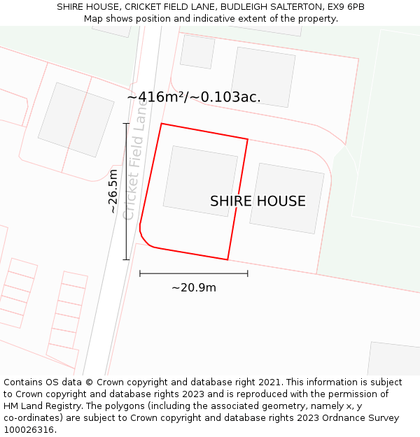 SHIRE HOUSE, CRICKET FIELD LANE, BUDLEIGH SALTERTON, EX9 6PB: Plot and title map