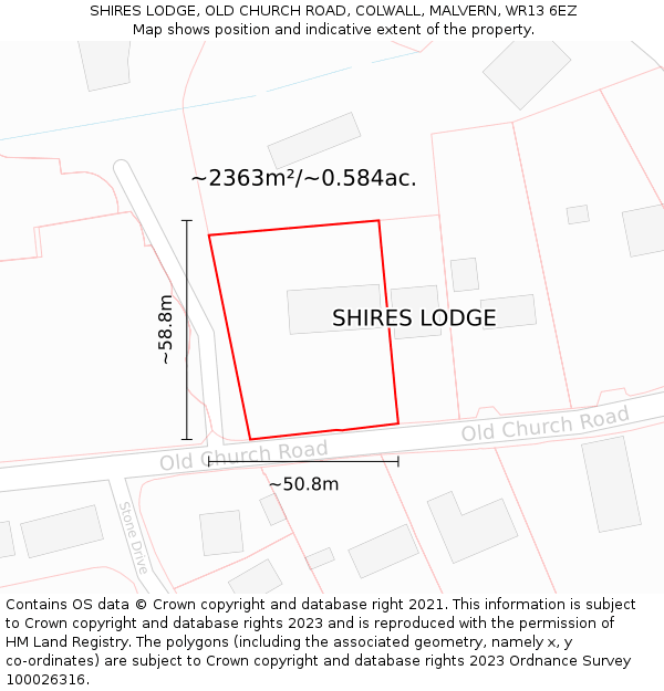 SHIRES LODGE, OLD CHURCH ROAD, COLWALL, MALVERN, WR13 6EZ: Plot and title map