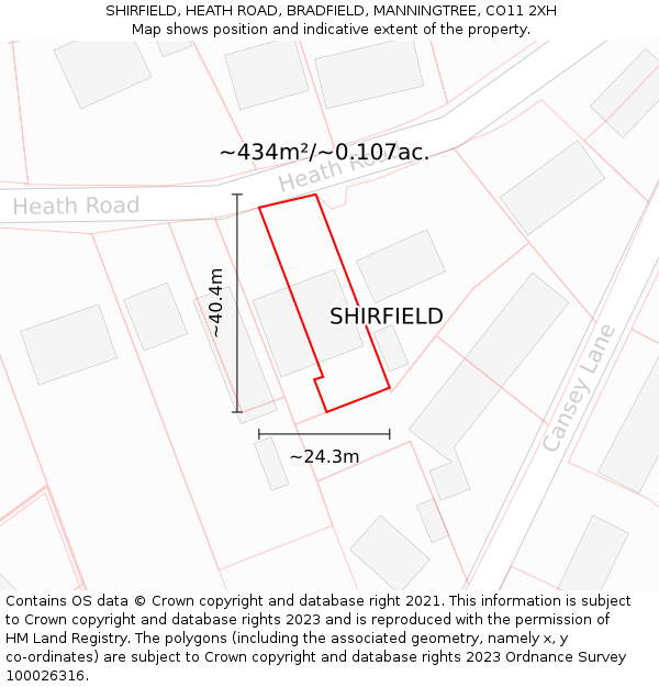 SHIRFIELD, HEATH ROAD, BRADFIELD, MANNINGTREE, CO11 2XH: Plot and title map