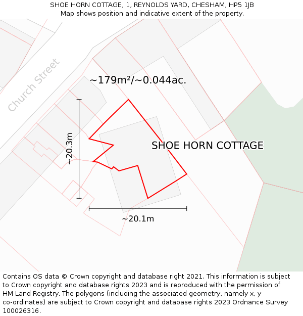 SHOE HORN COTTAGE, 1, REYNOLDS YARD, CHESHAM, HP5 1JB: Plot and title map