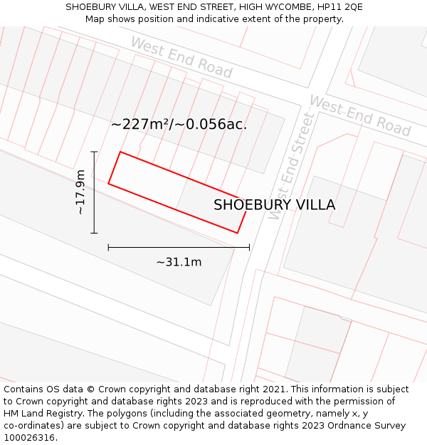 SHOEBURY VILLA, WEST END STREET, HIGH WYCOMBE, HP11 2QE: Plot and title map