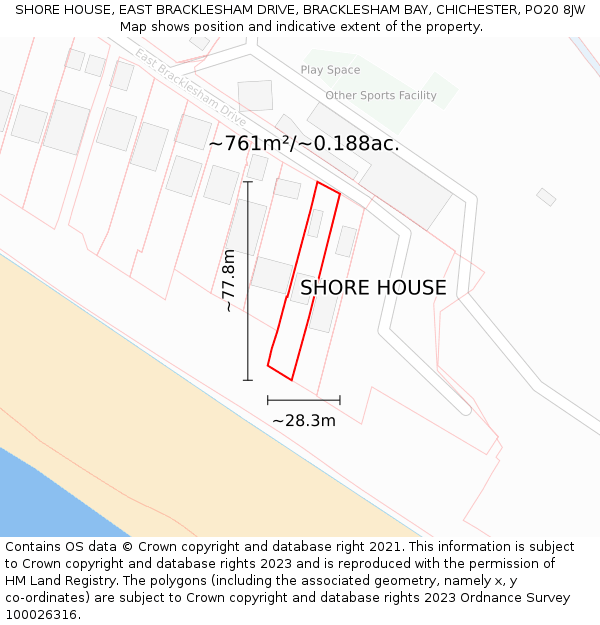 SHORE HOUSE, EAST BRACKLESHAM DRIVE, BRACKLESHAM BAY, CHICHESTER, PO20 8JW: Plot and title map