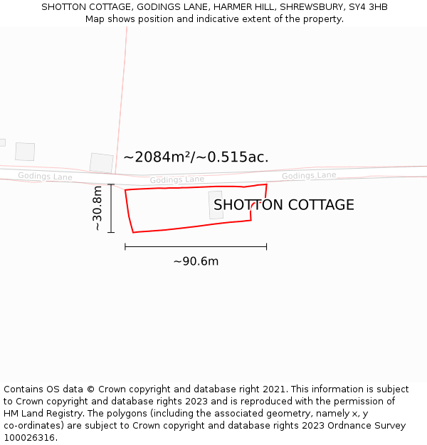 SHOTTON COTTAGE, GODINGS LANE, HARMER HILL, SHREWSBURY, SY4 3HB: Plot and title map