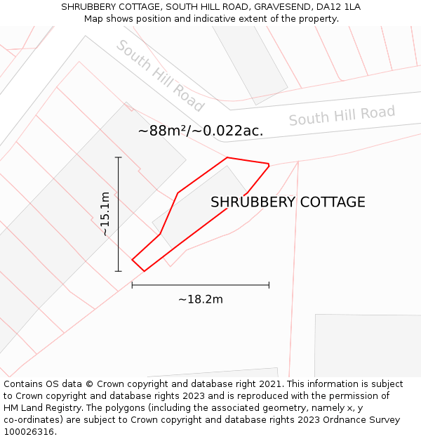 SHRUBBERY COTTAGE, SOUTH HILL ROAD, GRAVESEND, DA12 1LA: Plot and title map