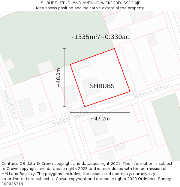 SHRUBS, STUDLAND AVENUE, WICKFORD, SS12 0JF: Plot and title map