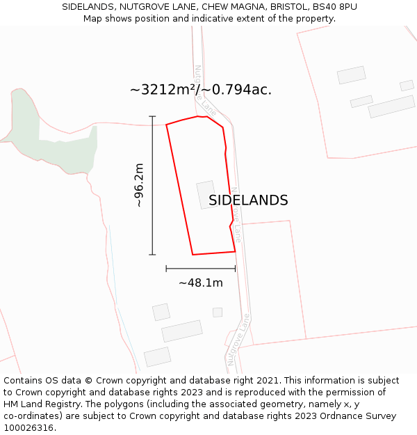 SIDELANDS, NUTGROVE LANE, CHEW MAGNA, BRISTOL, BS40 8PU: Plot and title map