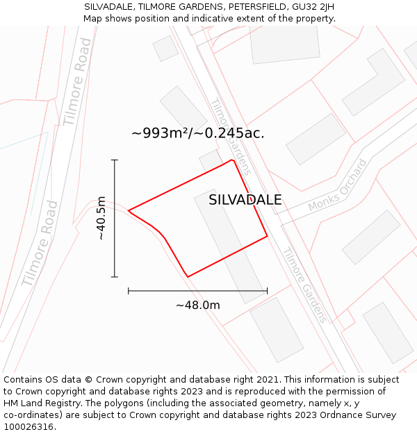 SILVADALE, TILMORE GARDENS, PETERSFIELD, GU32 2JH: Plot and title map