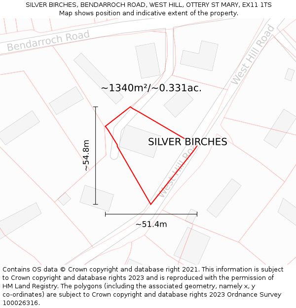 SILVER BIRCHES, BENDARROCH ROAD, WEST HILL, OTTERY ST MARY, EX11 1TS: Plot and title map