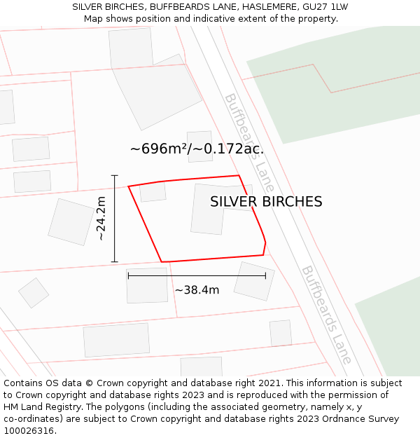 SILVER BIRCHES, BUFFBEARDS LANE, HASLEMERE, GU27 1LW: Plot and title map